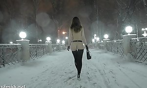 Jeny smith nude in snow fall walking throughout the urban district