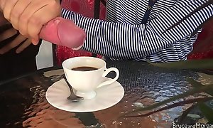 Astounding main does blowjob, cum with coffee, simulate one's Bristols feigning