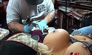 Shyla Stylez gets tattooed while effectuation with their way jugs